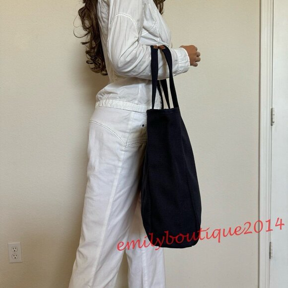 NWT Tory Burch 156476 Canvas Tote Warm Night Midnight Blue Navy Large Logo Bag - Picture 2 of 9